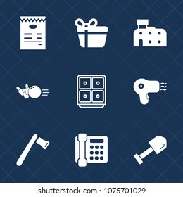 Premium set with fill icons. Such as equipment, hairdryer, menu, shovel, christmas, bowling, construction, money, holiday, axe, pin, gift, decoration, box, button, tool, interface, competition, fun