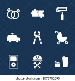 Premium set with fill icons. Such as wedding, player, child, paint, sugar, car, diamond, roll, childhood, repair, cafe, reparation, builder, sign, love, music, foreman, gift, industrial, engagement
