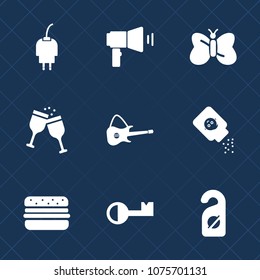 Premium set with fill icons. Such as charge, megaphone, blue, phone, mobile, nature, insect, drink, butterfly, hotel, message, loud, guitar, glass, alcohol, red, music, charger, communication, summer