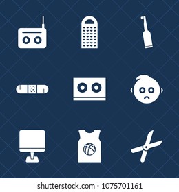 Premium set with fill icons. Such as sport, work, audio, child, microphone, dental, technology, garden, communication, basketball, radio, electric, cheese, pruning, sound, pc, grater, cuisine, sad