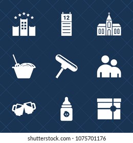 Premium set with fill icons. Such as noodle, people, bottle, room, vacation, religion, graphic, bar, plastic, calendar, bed, man, restaurant, present, building, sign, service, gift, chapel, hotel, box