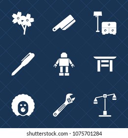 Premium set with fill icons. Such as machine, travel, table, pen, equipment, shrine, tool, restaurant, spring, balance, justice, law, circus, spanner, fork, torii, holiday, wrench, beautiful, office