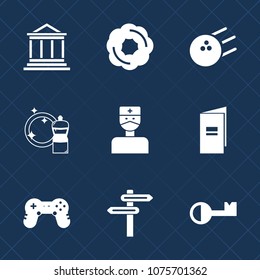 Premium set with fill icons. Such as business, building, sweet, direction, concept, bowling, ball, equipment, doughnut, key, bank, doctor, bakery, leisure, banking, game, money, chocolate, sport, food