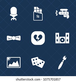 Premium set with fill icons. Such as comfortable, technology, casino, picture, success, video, bar, play, white, paint, chocolate, bow, modern, speaker, dessert, comfort, pistol, fashion, photo, love