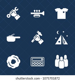 Premium set with fill icons. Such as ball, meal, healthy, cone, music, cotton, work, helmet, button, builder, sweet, male, food, adventure, calculator, travel, style, trumpet, industry, new, sign, pot