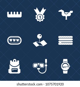 Premium set with fill icons. Such as comb, time, health, female, medal, pointer, happy, kid, sea, victory, snorkel, map, food, prize, award, location, water, backpack, hairbrush, bag, gadget, dentist
