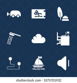 Premium set with fill icons. Such as wind, office, coupon, template, sound, desk, bathroom, price, carriage, label, hygiene, audio, pen, table, water, point, up, black, map, board, volume, shower, kid