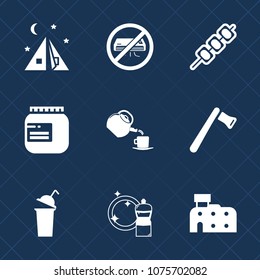 Premium set with fill icons. Such as tourism, axe, hammer, tent, drink, cleaner, grill, air, nature, no, dinner, jam, landscape, kebab, architecture, outdoor, meal, grilled, summer, jar, travel, cup