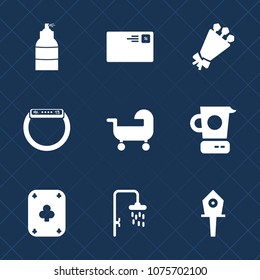 Premium set with fill icons. Such as floral, web, message, summer, communication, house, baby, carriage, spray, shower, smart, blossom, bird, play, silhouette, birdhouse, kitchen, paint, gadget, send