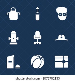 Premium set with fill icons. Such as hydrant, science, cowboy, game, box, safety, tool, pinafore, chef, football, cooking, texas, graphic, protective, gift, restaurant, clothing, dental, technology