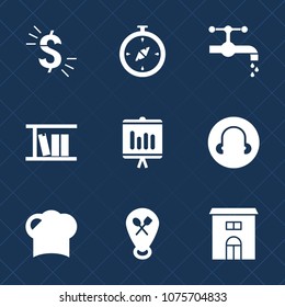Premium set with fill icons. Such as navigation, map, travel, currency, banking, restaurant, kitchen, location, graph, chart, graphic, sign, faucet, document, building, book, school, south, food, chef