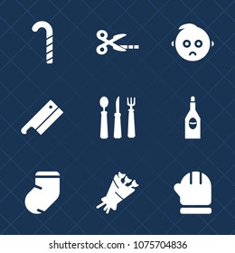 Premium set with fill icons. Such as little, colorful, paper, sad, winter, sign, warm, blossom, sweet, scarf, stick, cut, candy, wine, tool, meat, baby, spoon, axe, dessert, kid, beautiful, lolly, red