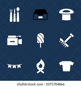 Premium set with fill icons. Such as bonfire, data, dessert, camera, dinner, film, gardening, happy, file, hat, fireplace, ice, background, summer, restaurant, shirt, garden, television, archive, flag