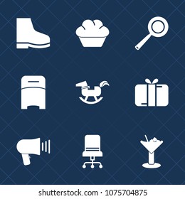 Premium set with fill icons. Such as bedroom, chocolate, double, chair, toy, cooking, furniture, bed, present, loudspeaker, silhouette, comfortable, alcohol, fashion, celebration, cookie, food, muffin