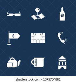 Premium set with fill icons. Such as bottle, bank, theater, telephone, glass, drink, finance, pointer, banking, travel, marker, internet, technology, phone, clean, object, position, place, art, tea