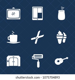 Premium set with fill icons. Such as music, tv, coffee, laptop, espresso, television, video, food, mug, screen, sweet, paint, roller, musical, computer, elevator, cut, percussion, sound, instrument