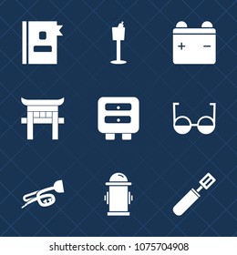 Premium set with fill icons. Such as glass, department, drawer, japanese, holder, trumpet, red, battery, eye, contact, eyeglasses, power, book, charge, hydrant, list, water, electricity, kitchen, full