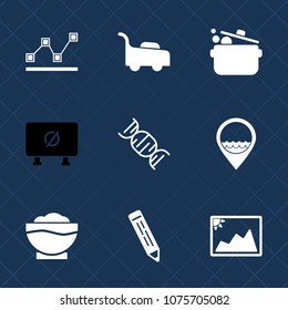 Premium set with fill icons. Such as diagram, gardening, dna, garden, location, road, stats, restaurant, food, photo, grass, pencil, chart, lawn, frame, graph, image, cooking, transportation, work