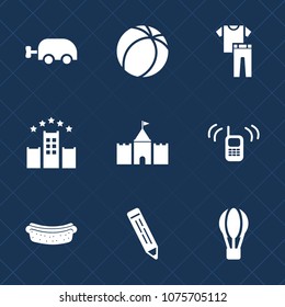 Premium set with fill icons. Such as pencil, meat, shirt, hotel, carriage, travel, dress, pram, phone, balloon, air, vacation, goal, ringing, transport, communication, pen, football, telephone, call