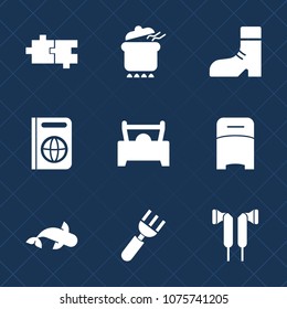 Premium set with fill icons. Such as audio, immigration, lunch, footwear, pot, travel, stew, style, sign, seafood, foot, healthy, puzzle, food, knife, shape, element, dish, clothing, bedroom, meat