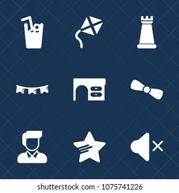 Premium set with fill icons. Such as star, background, sound, toy, party, holiday, king, leisure, office, male, pawn, happy, mute, cold, table, sky, summer, glass, volume, business, desk, gift, boy