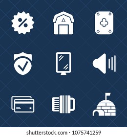 Premium set with fill icons. Such as price, tag, discount, road, forest, snow, audio, banking, barn, sound, sign, business, music, wood, poker, play, rural, accordion, farm, casino, money, ice, card