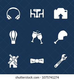 Premium set with fill icons. Such as tool, sound, food, audio, meat, mill, headphone, kitchen, bow, parachute, electricity, air, spanner, power, man, wine, table, bird, hammer, upload, hot, family
