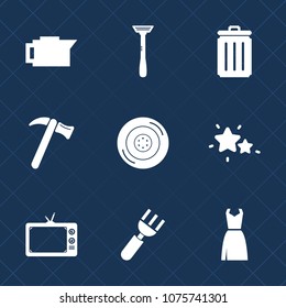 Premium set with fill icons. Such as espresso, drink, bean, tool, hammer, tire, recycling, closeup, dinner, caffeine, trash, screen, automobile, sign, astronomy, cup, tv, can, equipment, wrench, spoon