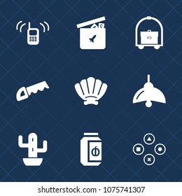 Premium set with fill icons. Such as service, bed, saw, computer, ball, communication, ringing, support, play, room, desert, lamp, jar, plant, game, travel, hotel, car, green, marine, shell, vacation
