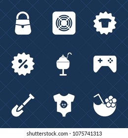Premium set with fill icons. Such as food, ice, shop, shovel, female, sign, tool, air, glass, dessert, sweet, clothing, heat, fan, strawberry, equipment, kid, t-shirt, sale, fashion, coupon, bag, play