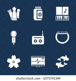 Premium set with fill icons. Such as king, pulse, sakura, melody, treble, knight, piece, song, chess, note, game, sweet, health, cherry, media, karaoke, jam, glass, jar, voice, clef, play, microphone