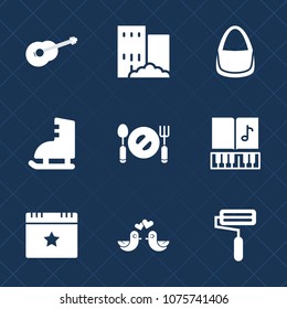 Premium set with fill icons. Such as city, real, fork, home, activity, note, sign, spoon, kitchen, plate, female, concept, accessory, pigeon, guitar, sport, string, musical, fashion, bag, sound, house