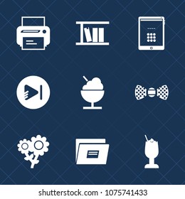 Premium set with fill icons. Such as food, technology, bow, office, internet, cocktail, pc, document, alcohol, bar, printer, tie, play, book, school, button, nature, blossom, screen, drink, glass, web