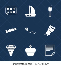 Premium set with fill icons. Such as text, meal, bouquet, sign, bucket, sailboat, vacation, alcohol, celebration, ice, doughnut, document, sea, pink, musical, drink, joy, travel, boat, wind, cake, fun