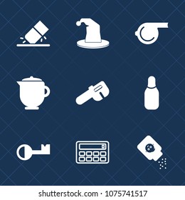 Premium set with fill icons. Such as whistle, judge, cone, hot, equipment, bottle, fun, education, eraser, hat, cup, object, entertainment, referee, beverage, erase, calculator, school, breakfast, pot