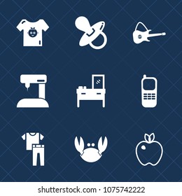 Premium set with fill icons. Such as little, healthy, machine, apple, kid, organic, newborn, sew, boy, clothes, seafood, clothing, infant, communication, fruit, interior, guitar, soother, shirt, rock