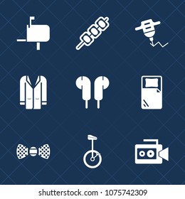 Premium set with fill icons. Such as electric, power, fashion, dinner, drill, communication, correspondence, audio, tie, grilled, hand, mailbox, music, bow, meat, send, handle, construction, bike, bed