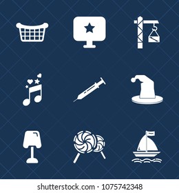 Premium set with fill icons. Such as saw, basket, wind, board, fun, computer, entertainment, treble, sign, light, magician, interior, market, table, building, lollipop, web, musical, hat, tool, circus
