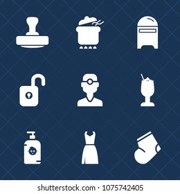 Premium set with fill icons. Such as dinner, child, warm, food, clinic, lunch, protection, security, mail, box, soap, bar, pot, mark, certificate, dental, drink, letter, cocktail, stamp, fun, winter