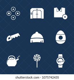 Premium set with fill icons. Such as video, spring, lift, smart, gadget, sweet, cotton, food, watch, up, time, technology, saw, construction, clothing, sign, shirt, model, building, fashion, play, fun