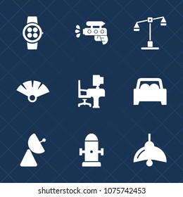 Premium set with fill icons. Such as fan, electricity, light, pistol, technology, table, lamp, vehicle, screen, antenna, work, game, hydrant, bulb, play, car, balance, watch, japanese, wet, signal