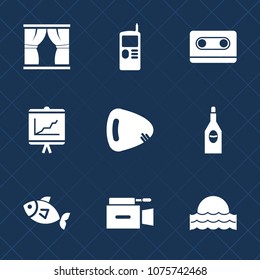 Premium set with fill icons. Such as musical, light, document, retro, wine, screen, technology, drink, sun, home, vintage, telephone, interior, food, guitar, sunset, report, seafood, cassette, white