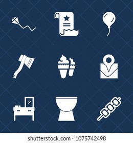 Premium set with fill icons. Such as page, sign, summer, kite, music, kid, location, sweet, air, interior, office, tool, childhood, travel, percussion, fly, axe, cabinet, decoration, document, paper