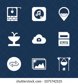 Premium set with fill icons. Such as sound, save, hot, music, water, map, file, note, work, bonfire, data, concept, web, melody, brick, image, architecture, cloud, photo, sign, art, old, village, well