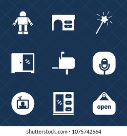 Premium set with fill icons. Such as sign, future, technology, computer, wood, mailbox, intelligence, office, shop, table, television, magician, post, mail, radio, open, home, furniture, machine, work