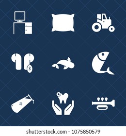 Premium set with fill icons. Such as machinery, work, farming, chemical, home, office, science, dentist, trumpet, earphone, bedroom, table, technology, agricultural, sleep, feather, sea, computer, bed