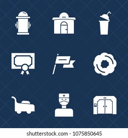Premium set with fill icons. Such as mower, lawn, equipment, estate, water, patriotism, home, hospital, garden, cup, department, fire, food, business, doughnut, drink, certificate, diploma, award