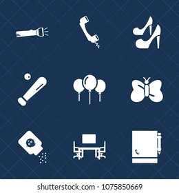Premium set with fill icons. Such as tool, decoration, bottle, lady, internet, business, female, flashlight, telephone, butterfly, table, phone, modern, baby, baseball, powder, high, sign, notepad
