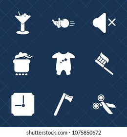 Premium set with fill icons. Such as party, hammer, clothes, beverage, clock, tool, kid, health, equipment, sound, wrench, competition, time, hobby, clothing, bowling, alcohol, dinner, baby, hygiene