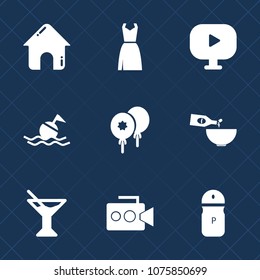 Premium set with fill icons. Such as media, film, play, clothing, fashion, business, home, concept, handle, summer, glass, cocktail, juice, decoration, camera, architecture, dinner, sign, birthday